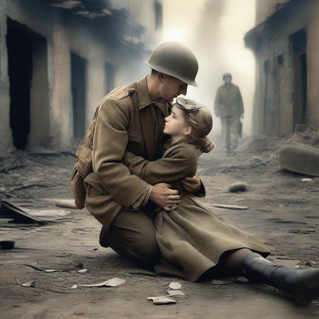 A dramatic scene set during World War II, depicting a young girl fainting in the arms of a male soldier