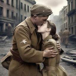 A dramatic scene set during World War II, depicting a young girl fainting in the arms of a male soldier