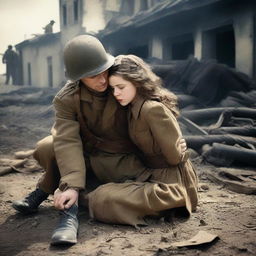 A dramatic scene set during World War II, depicting a young girl fainting in the arms of a male soldier