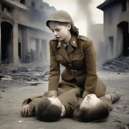 A dramatic scene set during World War II, depicting a young girl fainting in the arms of a male soldier