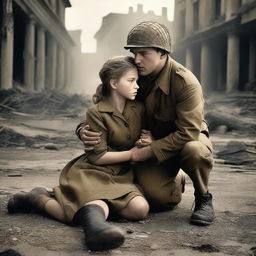 A dramatic scene set during World War II, depicting a young girl fainting in the arms of a male soldier