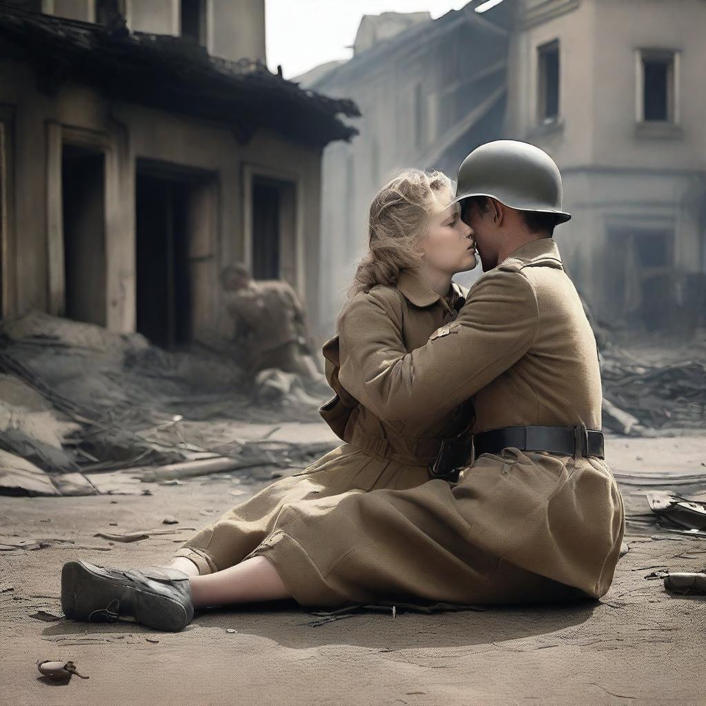 A dramatic scene set during World War II, depicting a young girl fainting in the arms of a male soldier