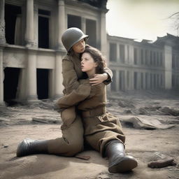 A dramatic scene set during World War II, depicting a young girl fainting in the arms of a male soldier