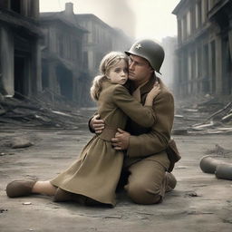 A dramatic scene set during World War II, depicting a young girl fainting in the arms of a male soldier