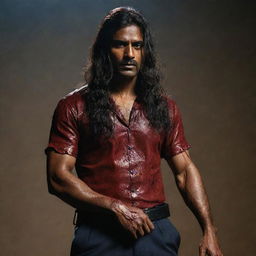 An Indian police officer with dramatically long hair, standing in a dark, foreboding scenario. His torn sleeve, revealing a muscular arm, and blood-stained clothes bear testimony to a fierce confrontation.