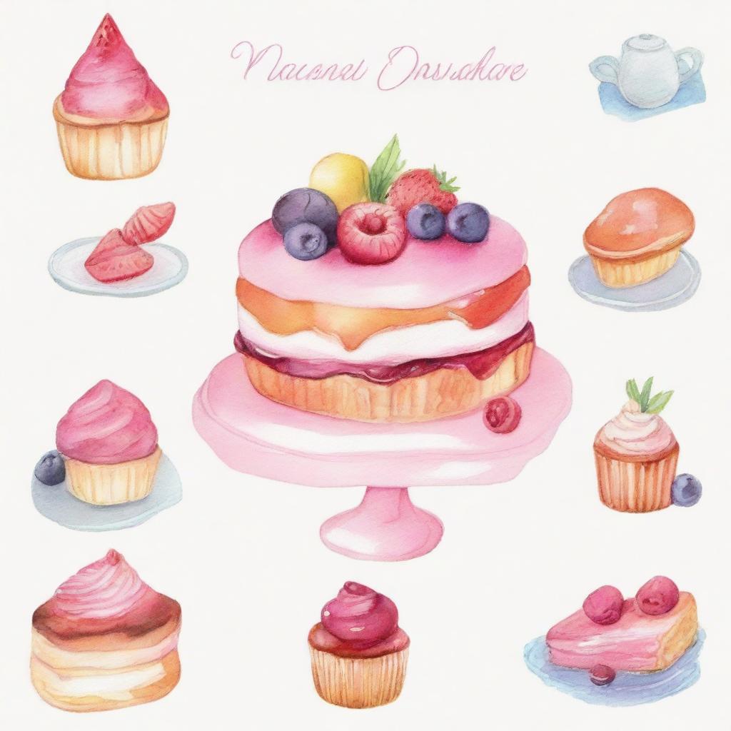 A beautiful watercolor painting of a delicious dessert display, featuring cakes, pastries, and cookies arranged elegantly