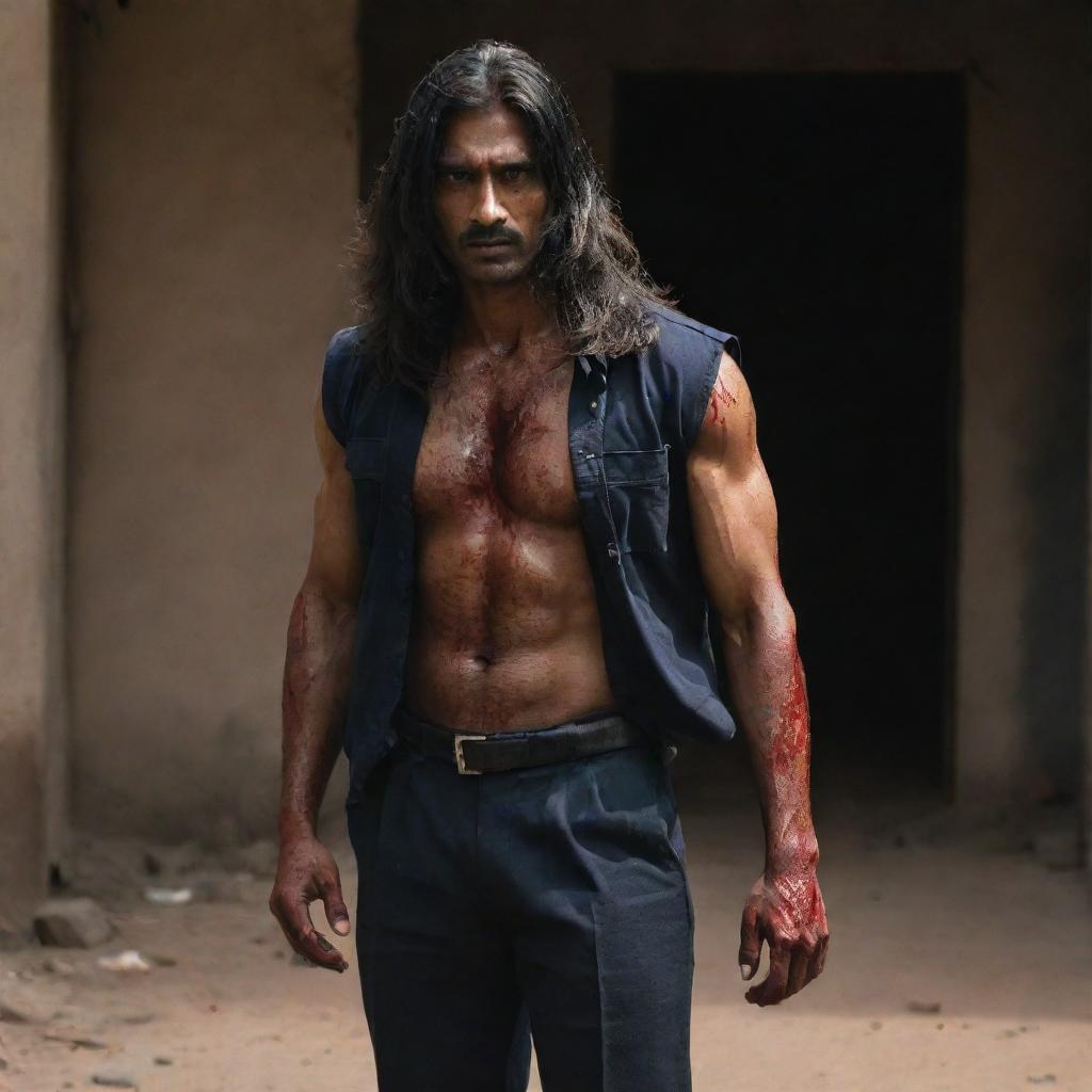 An Indian police officer with dramatically long hair, standing in a dark, foreboding scenario. His torn sleeve, revealing a muscular arm, and blood-stained clothes bear testimony to a fierce confrontation.