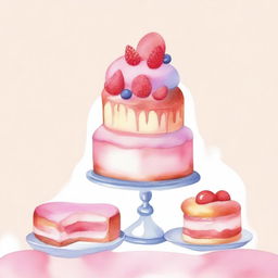 A beautiful watercolor painting of a delicious dessert display, featuring cakes, pastries, and cookies arranged elegantly