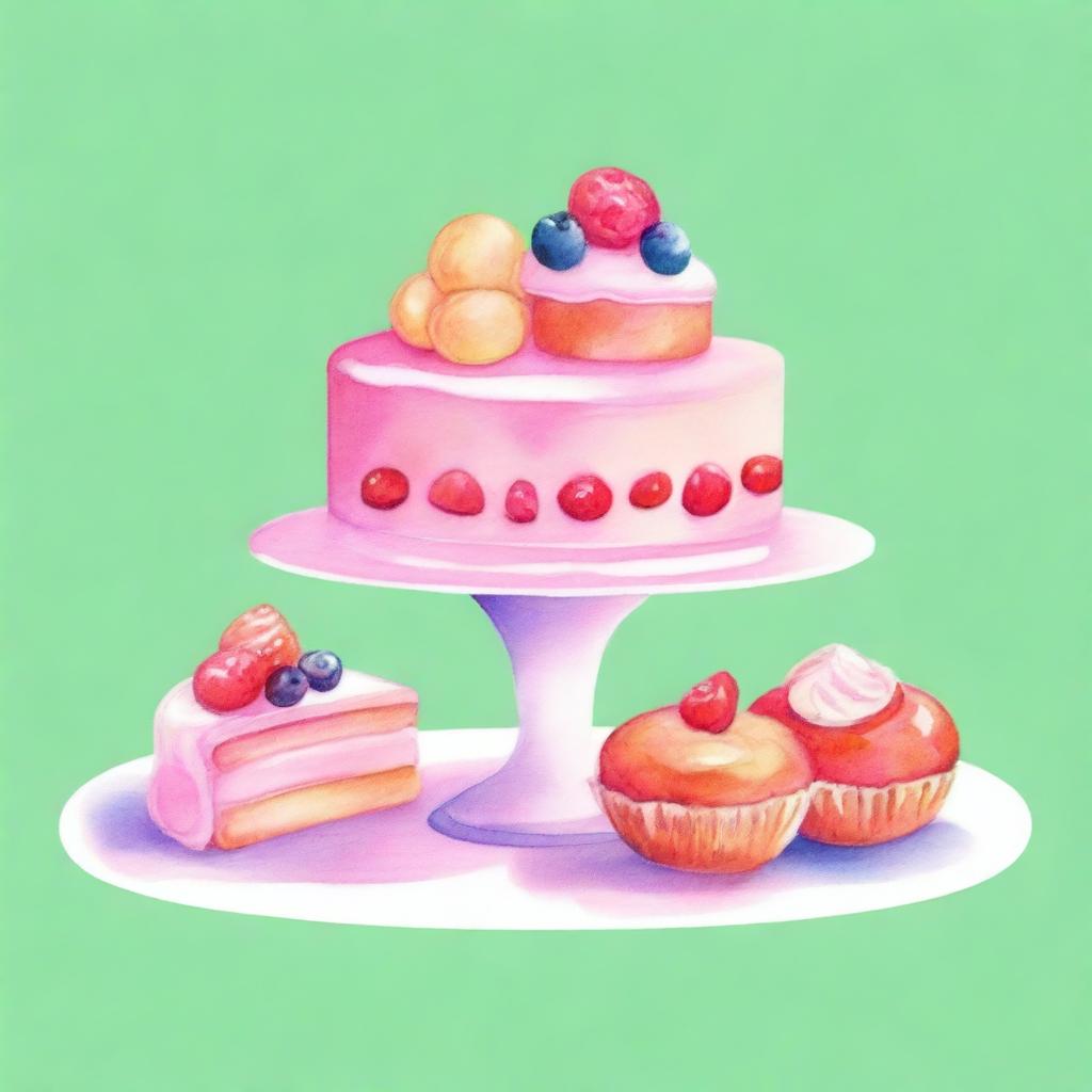 A beautiful watercolor painting of a delicious dessert display, featuring cakes, pastries, and cookies arranged elegantly