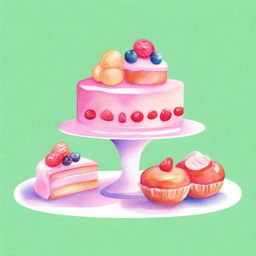 A beautiful watercolor painting of a delicious dessert display, featuring cakes, pastries, and cookies arranged elegantly