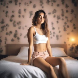 A young woman sitting against a wall in a bedroom, wearing short shorts and a crop top