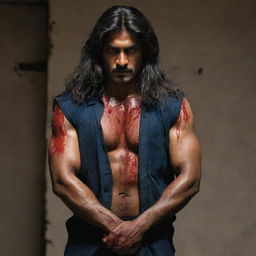 An Indian police officer with dramatically long hair, standing in a dark, foreboding scenario. His torn sleeve, revealing a muscular arm, and blood-stained clothes bear testimony to a fierce confrontation.