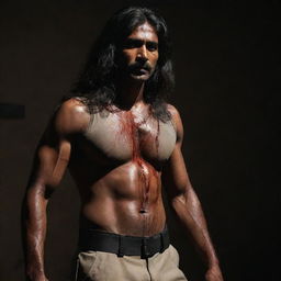 An Indian police officer with dramatically long hair, standing in a dark, foreboding scenario. His torn sleeve, revealing a muscular arm, and blood-stained clothes bear testimony to a fierce confrontation.