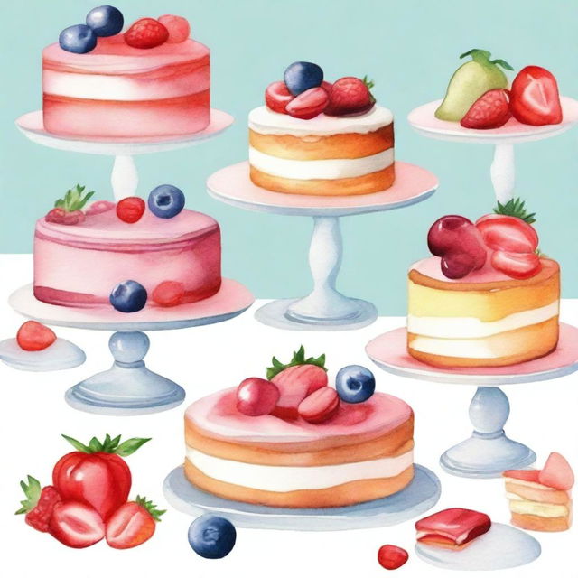 A beautiful watercolor painting featuring a delicious dessert display