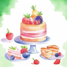 A beautiful watercolor painting featuring a delicious dessert display