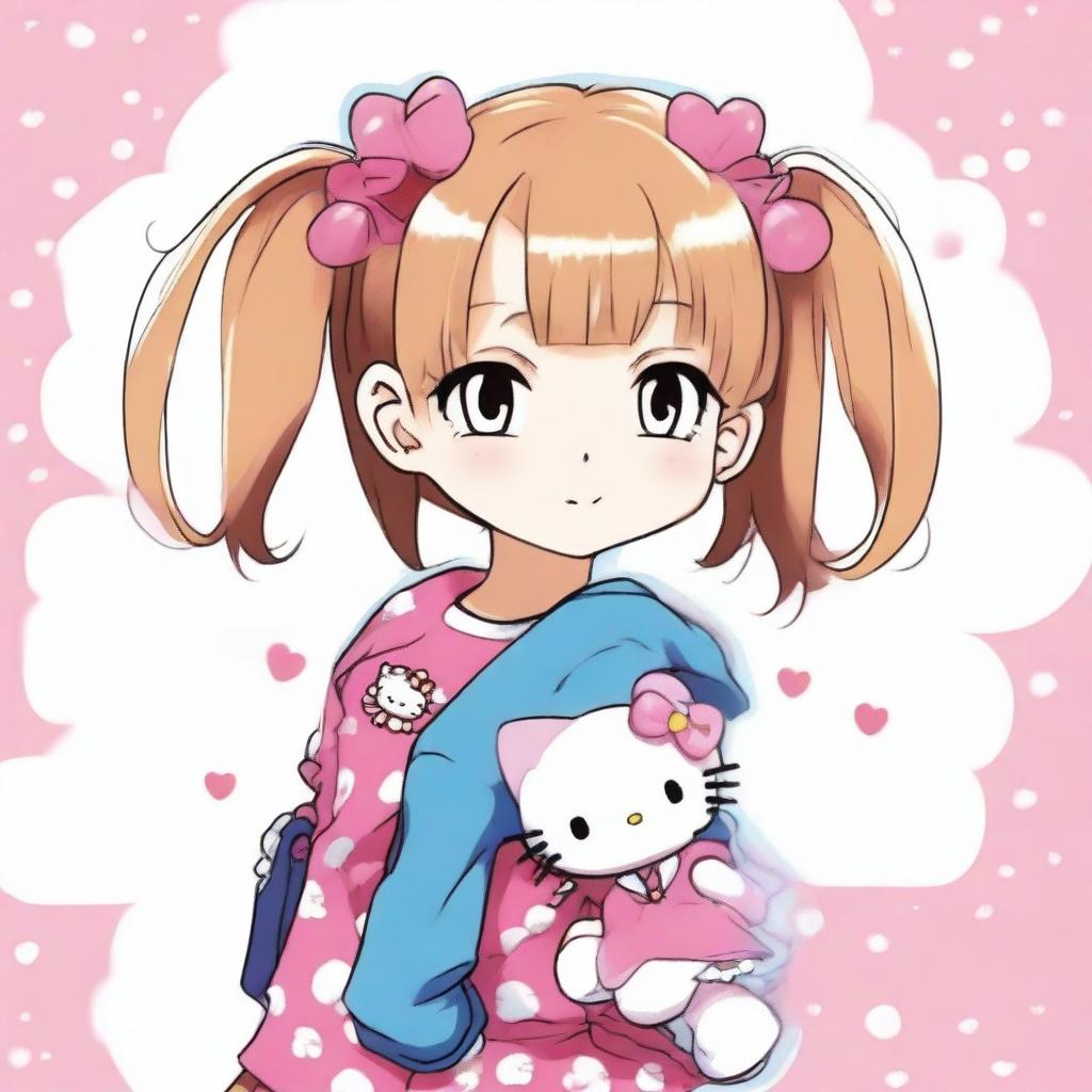 A 13-year-old anime girl with pigtails in her hair, wearing Hello Kitty clothing