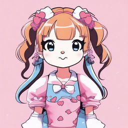 A 13-year-old anime girl with pigtails in her hair, wearing Hello Kitty clothing