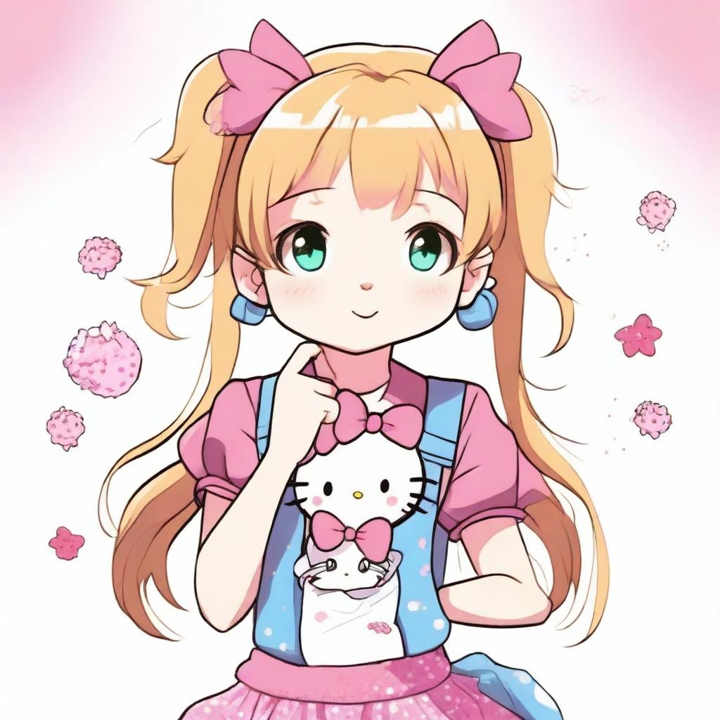 A 13-year-old anime girl with pigtails in her hair, wearing Hello Kitty clothing