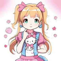 A 13-year-old anime girl with pigtails in her hair, wearing Hello Kitty clothing