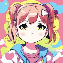 A 13-year-old anime girl with pigtails in her hair, wearing Hello Kitty clothing