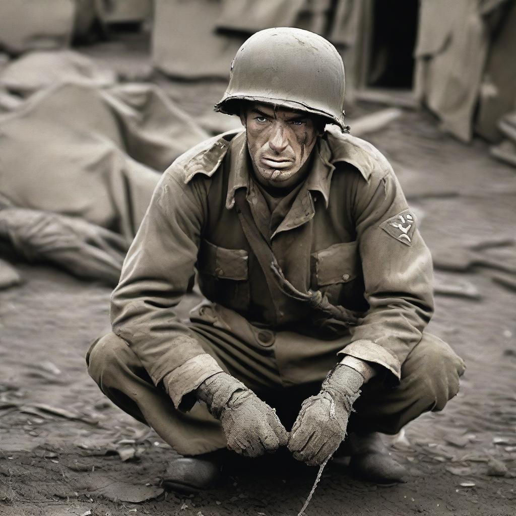 A tense scene set during World War II, depicting a soldier tied up and captured