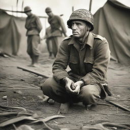 A tense scene set during World War II, depicting a soldier tied up and captured