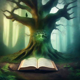 Create a captivating book cover with a mystical forest scene