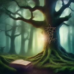 Create a captivating book cover with a mystical forest scene