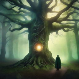 Create a captivating book cover with a mystical forest scene