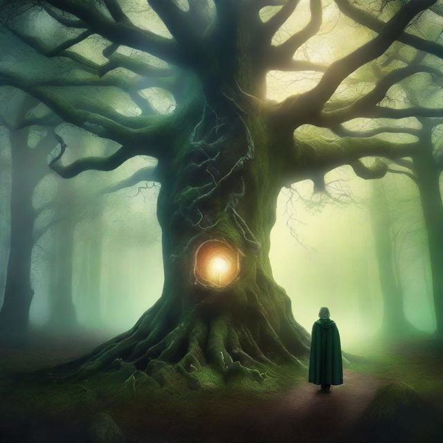 Create a captivating book cover with a mystical forest scene