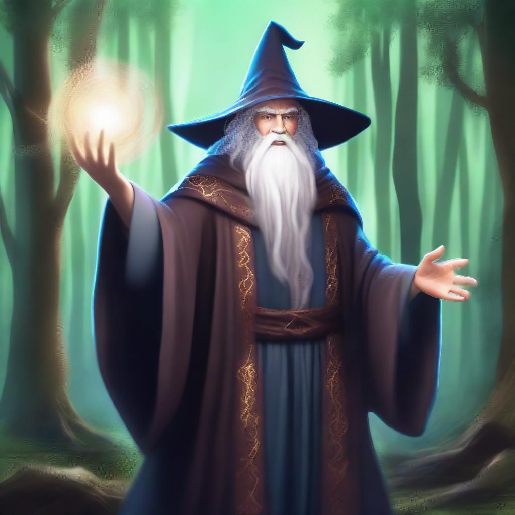 A powerful wizard casting a spell, with magical energy swirling around him