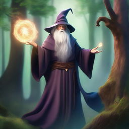 A powerful wizard casting a spell, with magical energy swirling around him