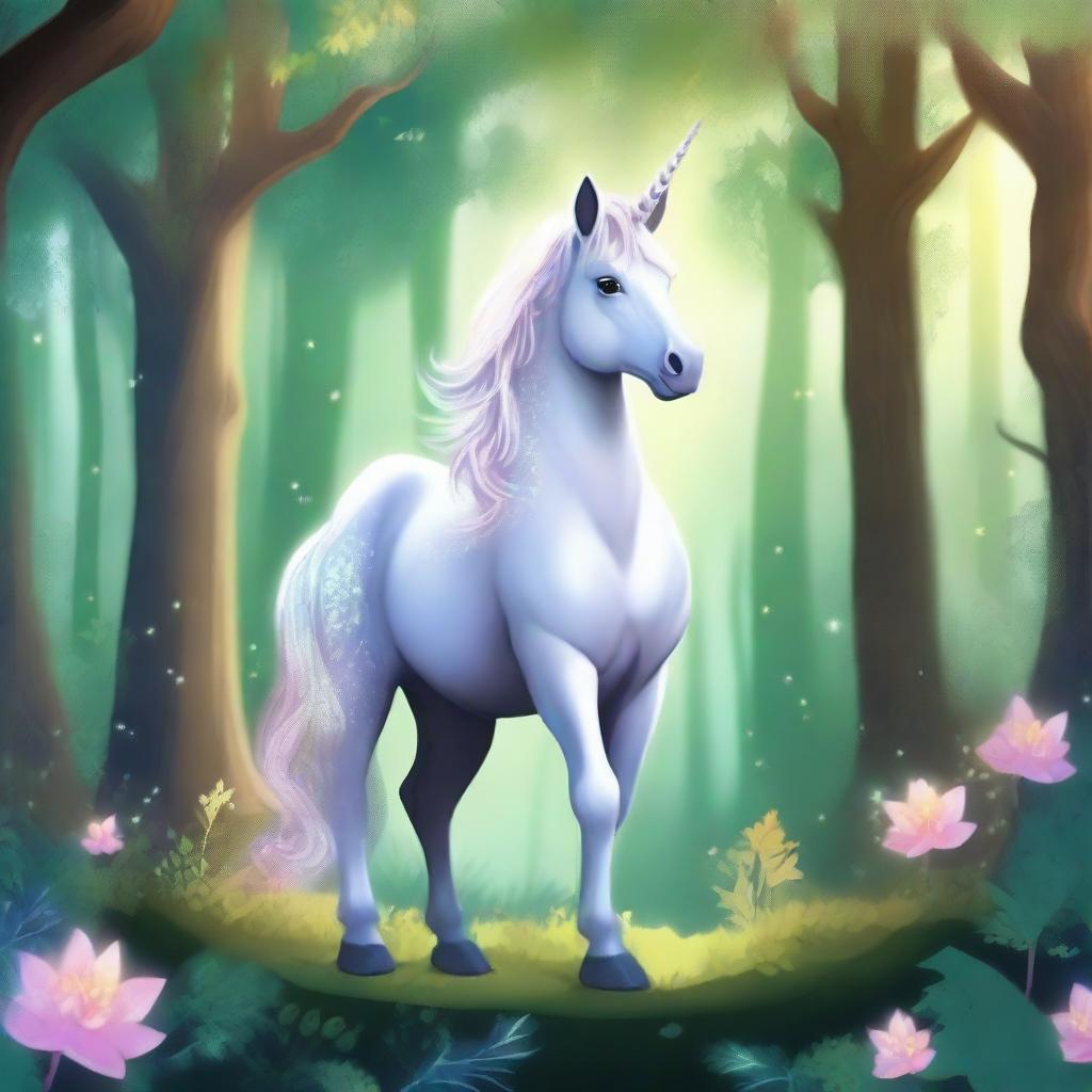 A mystical unicorn standing majestically in a fantasy forest