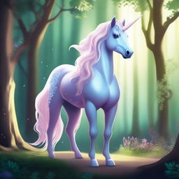 A mystical unicorn standing majestically in a fantasy forest