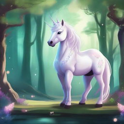 A mystical unicorn standing majestically in a fantasy forest