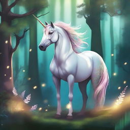 A mystical unicorn standing majestically in a fantasy forest