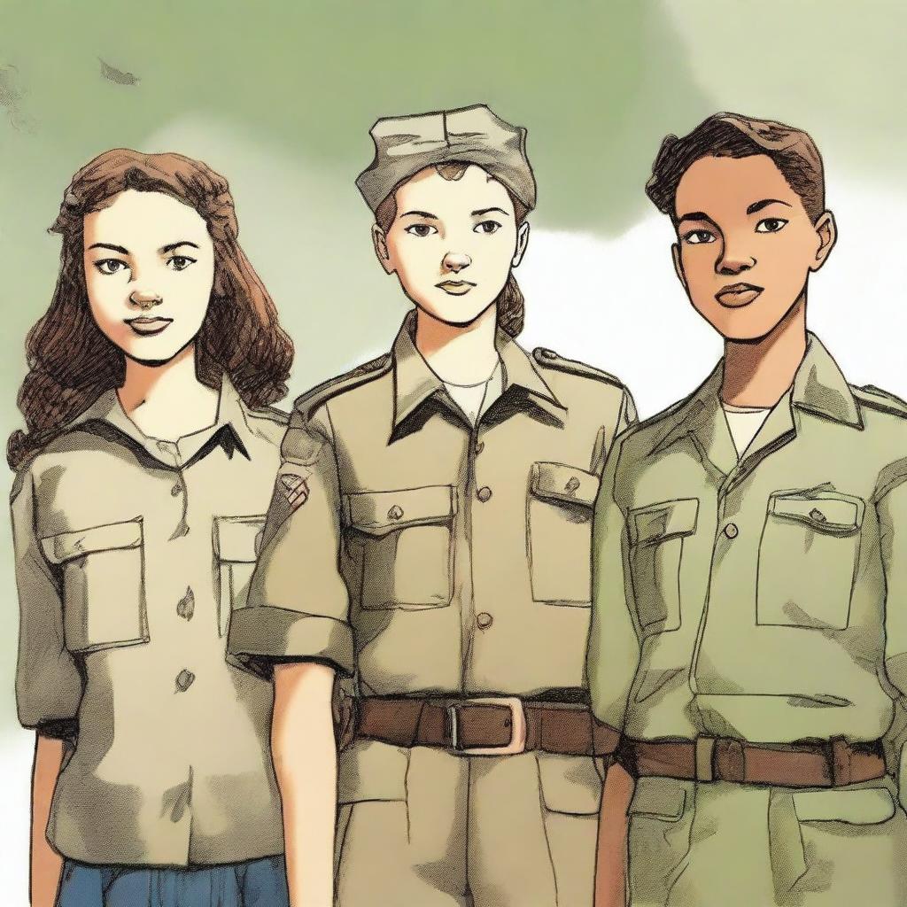 A detailed illustration of four young characters from a World War II Allies book