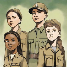 A detailed illustration of four young characters from a World War II Allies book