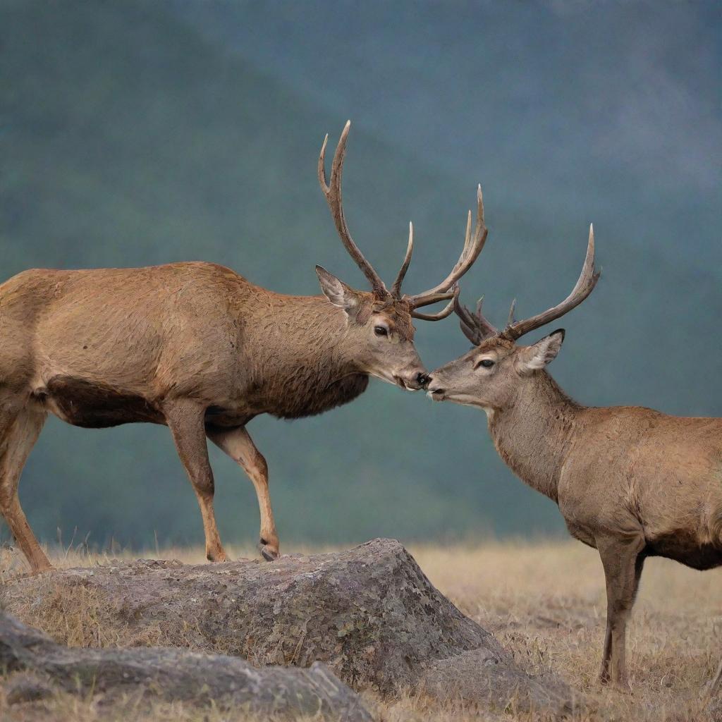 A fiercely aggressive deer, antlers poised for battle, locked in a non-violent confrontation with an equally menacing mountain cat, both displaying an impressive show of strength and resolve in the midst of a tense standoff.