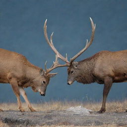 A fiercely aggressive deer, antlers poised for battle, locked in a non-violent confrontation with an equally menacing mountain cat, both displaying an impressive show of strength and resolve in the midst of a tense standoff.