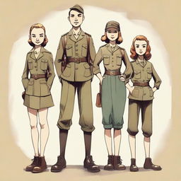 A detailed illustration of four young characters from the World War II Allies