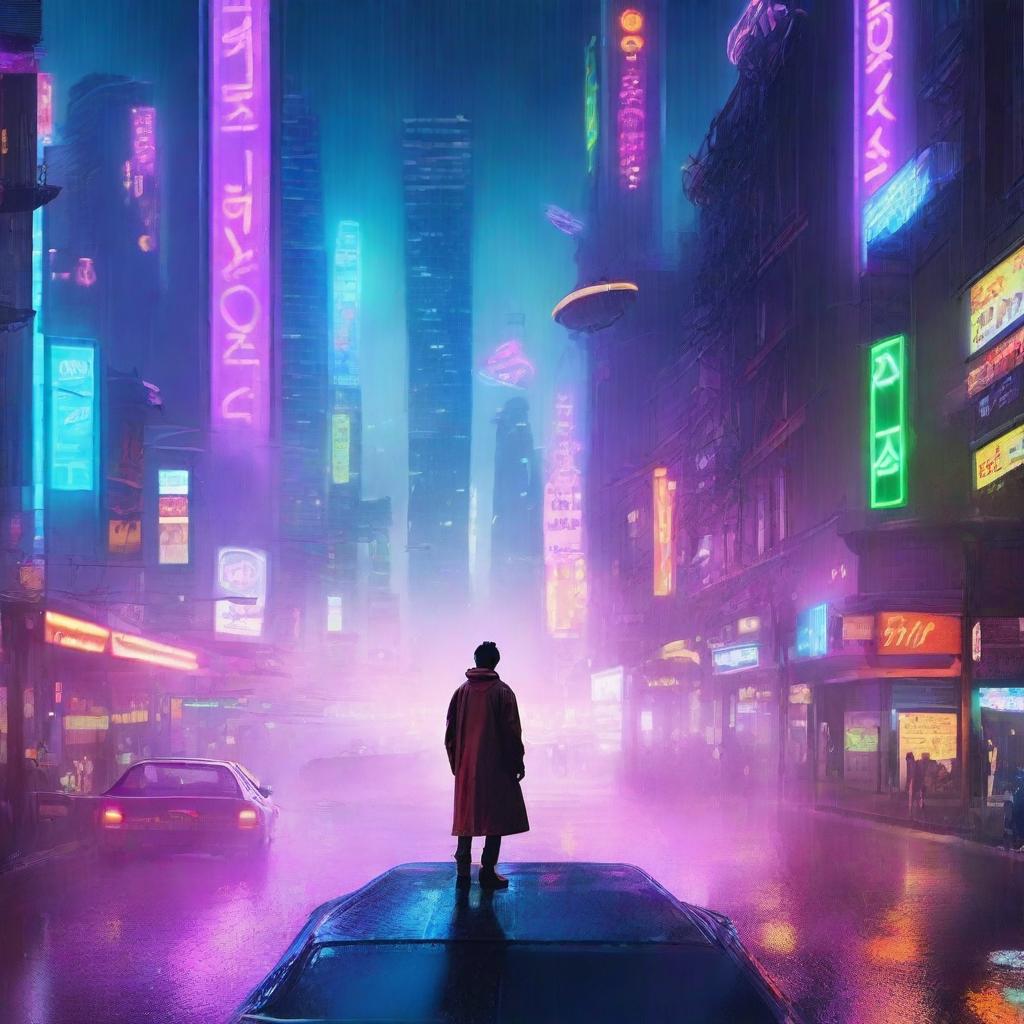 A futuristic cityscape at night, illuminated by neon lights, with rain pouring down and flying cars zooming through the sky