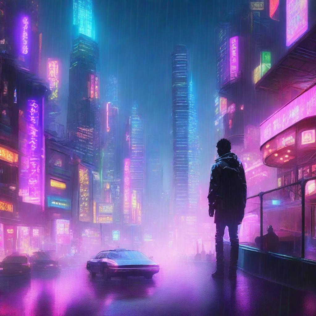 A futuristic cityscape at night, illuminated by neon lights, with rain pouring down and flying cars zooming through the sky