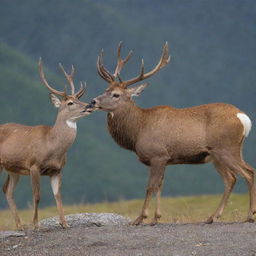 A fiercely aggressive deer, antlers poised for battle, locked in a non-violent confrontation with an equally menacing mountain cat, both displaying an impressive show of strength and resolve in the midst of a tense standoff.