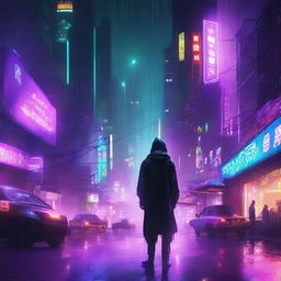 A dark, futuristic cityscape at night, illuminated by neon lights, with rain pouring down and flying cars zooming through the sky