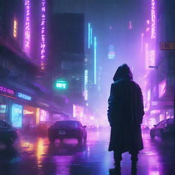 A dark, futuristic cityscape at night, illuminated by neon lights, with rain pouring down and flying cars zooming through the sky