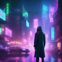 A dark, futuristic cityscape at night, illuminated by neon lights, with rain pouring down and flying cars zooming through the sky