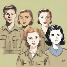 An illustration of four young characters from the World War II Allies