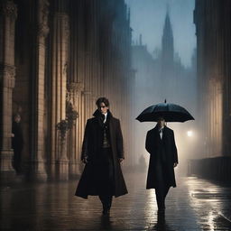 A brown-haired prince entering a gothic church in the rain, with a blonde duke following closely behind him