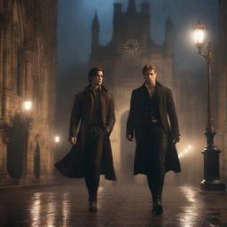 A brown-haired prince entering a gothic church in the rain, with a blonde duke following closely behind him